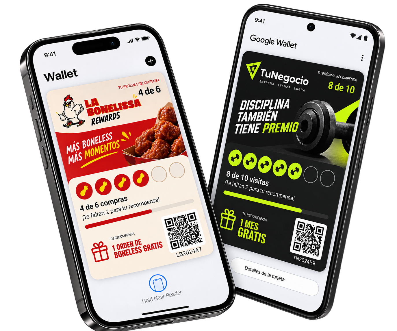 Ejemplos de tarjetas de lealtad Enla Cards en Apple Wallet y Google Wallet